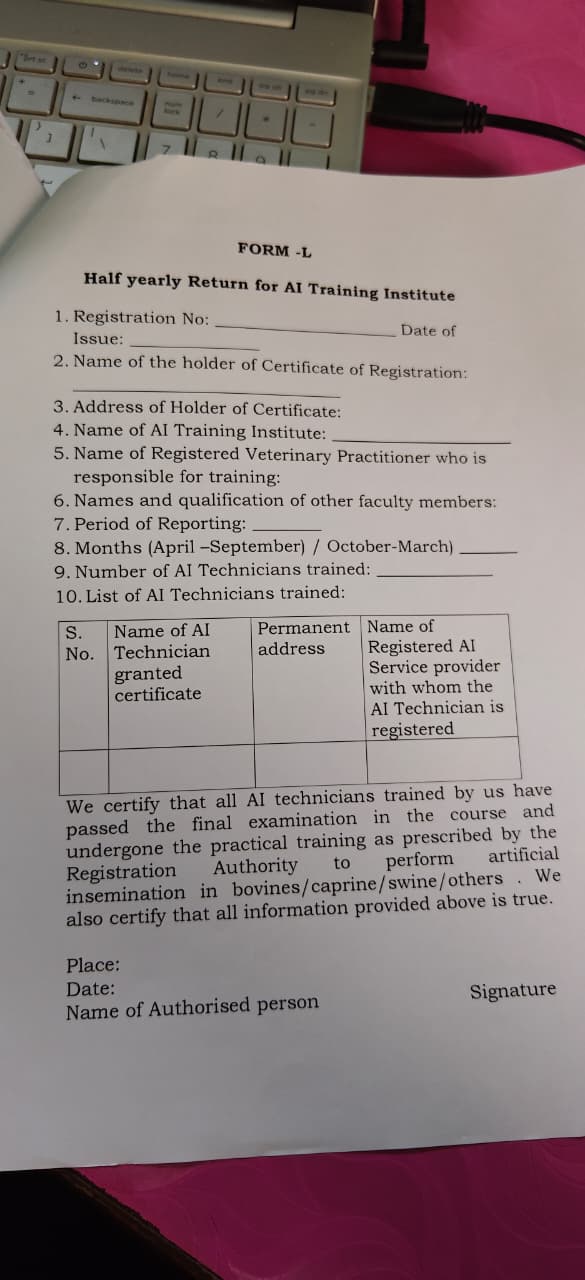 Form L — Half-yearly Return: Training Institute